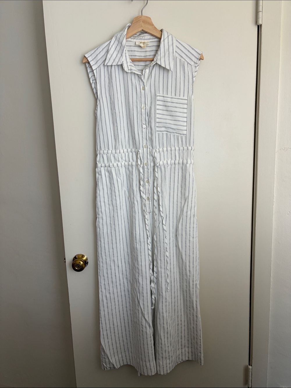 Anthropologie White Jumpsuit with Thin Gray Stripes